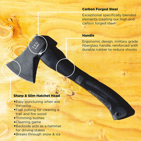 Close-up of throwing axe for camping and bushcraft, ultra sharp survival hatchet with sheath, displayed on wood surface.