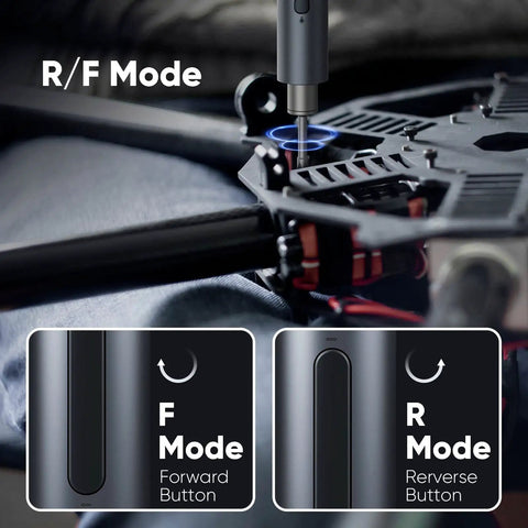 Cordless Screwdriver Set With 32 Magnetic Bits And 4 LED Lights demonstrating R/F mode on a bicycle component
