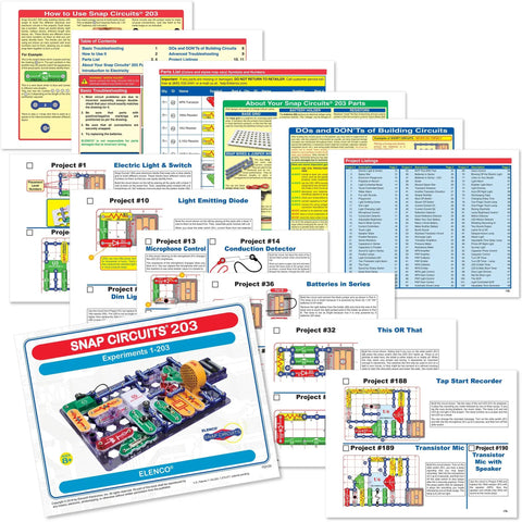 Electronics Exploration Kit With Over 200 STEM Projects, full color manual pages, showing circuit building guides for kids 8 and up