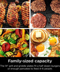 Electric Griddle And Indoor Grill With Interchangeable Plates showing cooked steaks, burgers, veggies, pancakes, and eggs.