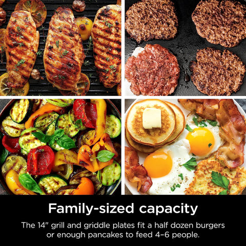 Electric Griddle And Indoor Grill With Interchangeable Plates showing cooked steaks, burgers, veggies, pancakes, and eggs.