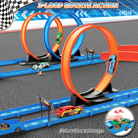 Dope Slot Car Race Track Set With 360 Degree Loops And Four High Speed Cars 64 Piece Large Flexible Raceway for Kids action shot