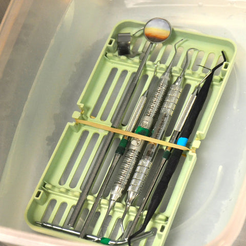 Top Shelf Number Thirty Three Rubber Bands Built Different For Daily Hustle Three And A Half Inch By One Eighth Inch Natural Beige Elastic Loops securing dental tools in a container.