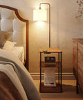 Floor Lamp With Table And USB C Charging Station Rustic End Table Lamp With Shelves in bedroom next to bed and dresser