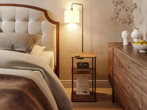 Floor Lamp With Table And USB C Charging Station Rustic End Table Lamp With Shelves in bedroom next to bed and dresser