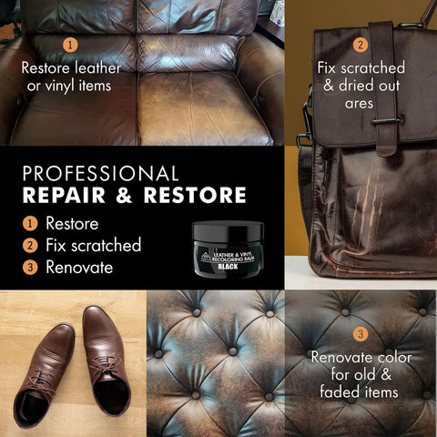 Image showing Leather Recoloring Balm For Couches And Furniture Color Restorer And Scratch Remover Easy Leather Repair Kit For Sofas Bring Back Color Make It Look New Hide Scratches Repair Leather Spots And Extend Sofa Life used on couch, shoes, and bag.