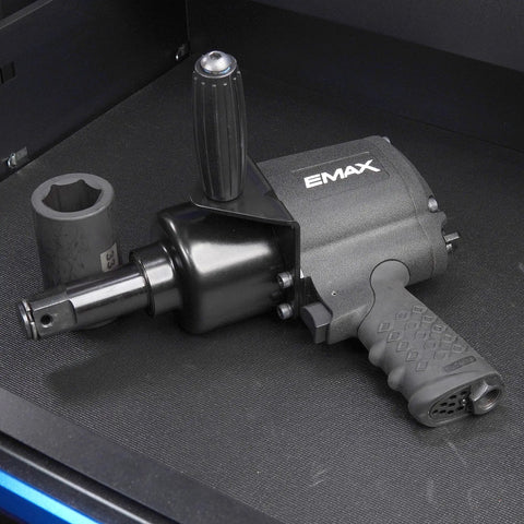 One Inch Drive Air Impact Wrench Packs Ball Bearings And Aluminum Body Pumping Kick Ass Twisting Force Up To 1500 Foot Pounds At 4200 Rpm on black surface.