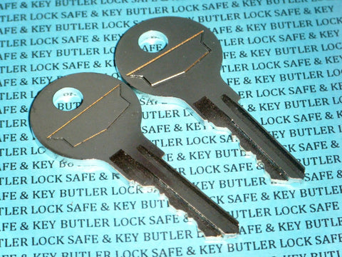 No Hassle Steelcase File Cabinet Keys FR351 To FR400 Premium Pre Cut Office Desk Lock Replacements Two Pack on blue background.