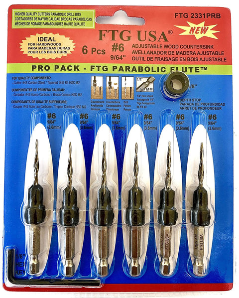 Six Piece 9 64th Inch Wood Countersink Drill Bit Set With Parabolic Flute Tapered Bits Depth Stop Collar And Hex Wrench in packaging