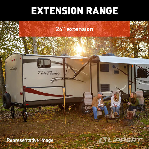 Built Tough Manual RV Scissor Jack Kit For Travel Trailers And Fifth Wheels Delivers Five Thousand Pound Capacity Smooth Leveling setup near a parked RV.