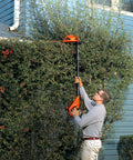 Man using 20V Max Cordless Pole Hedge Trimmer With 18-Inch Dual-Action Blade to trim tall hedges beside a house