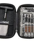 Ultra Compact Pistol Cleaning Kit For Handguns Built Tough For Range Rat Life And Quick Gear Refresh Fits Snugly Tucked Away And Works Smooth On 22 9mm 357 38 40 10mm And 45 Caliber Firearms To Keep Your Rig Mint Always in a zippered case with various cleaning tools.