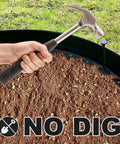 No Dig 4 Inch Landscape Edging Kit 33 Feet Long With 30 Spikes being installed into soil using a hammer, showing flexible border.