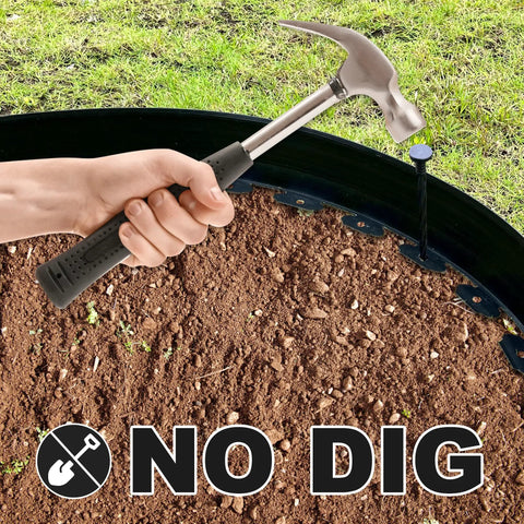 No Dig 4 Inch Landscape Edging Kit 33 Feet Long With 30 Spikes being installed into soil using a hammer, showing flexible border.