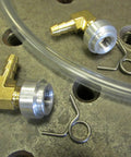 External Aluminum Gas Tank Fuel Gauge With Clear Sight Window and hoses showing brass elbows with barb and mounting clips