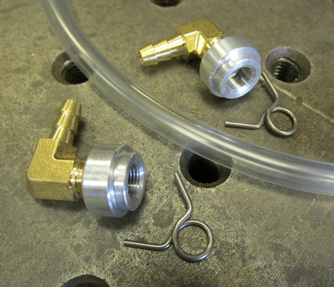 External Aluminum Gas Tank Fuel Gauge With Clear Sight Window and hoses showing brass elbows with barb and mounting clips