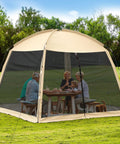 12 X 12 Ft Camping Screen Tent For 8 To 10 People, Easy Setup Mosquito Net Canopy in a backyard with people seated inside.
