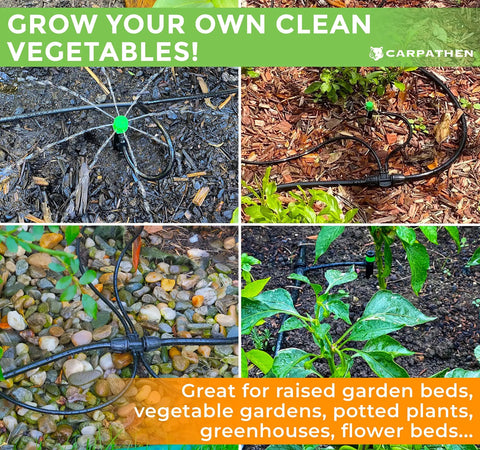 Drip Irrigation Fittings Kit 5/16 To 1/4 Inch Connectors Set shown in use in garden beds and potted plants for efficient watering.