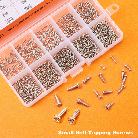 1000 Piece Mini Screw Kit Set With Self Tapping Micro Screws In M1 To M1.7 Sizes Phillips Pan Head Nickel Plated