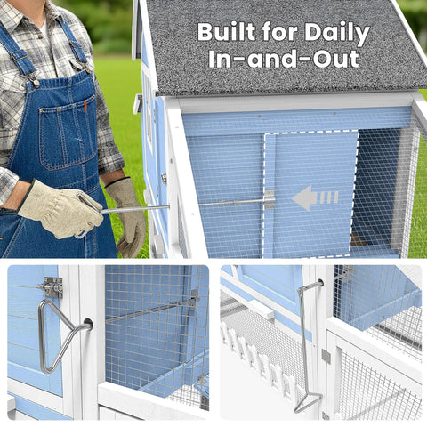 Weatherproof Wooden Chicken Coop With Indoor Outdoor Walk In Hen House, Run, Nesting Box And Pull Out Tray close-up of wire door and locks.