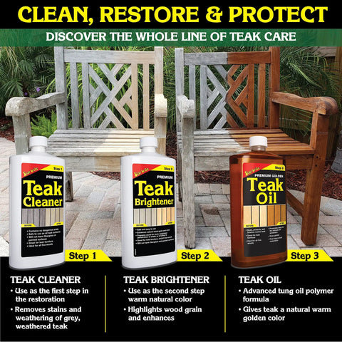 Image of Premium Teak Cleaner that restores weathered gray teak furniture and fine wood without sanding or pressure washing.