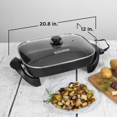 Electric Skillet With Variable Temperature Control And Nonstick Cooking Surface 12x15 inch with tempered glass lid on table