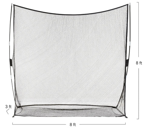 Portable Golf Practice Net For Indoor And Outdoor Swing Training With Quick Setup And Large 8 By 8 Feet Hitting Area Durable Metal And Fiberglass Frame Ball Retrieval Base Grab And Go Friendly Sturdy Yet Lightweight displayed in a room setting showing its full dimensions of 8 by 8 feet.