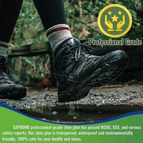 Close-up of muddy hiking shoe using Waterproof Cowboy Boots Glue For Muck And Hiking Shoes, Suede Repair Adhesive.
