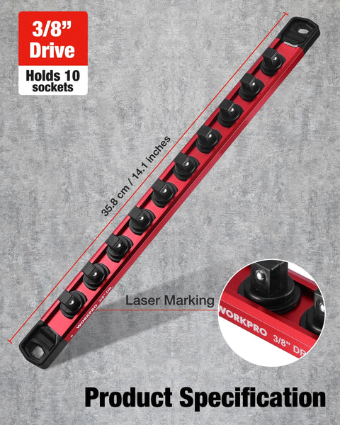 Deadset Reliable Magnetic Socket Organizer Slick Push Button Sliding Rail For Super Tight Toolbox Storage Quick Add Remove Clips Rapid Swap Three Eighths Drive Ratchet Tools with ten socket slots
