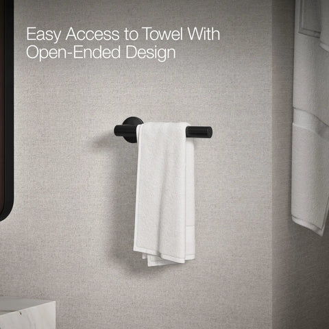 Components Towel Arm, Premium Metal Bath Accessory With Open Ended Design For Easy Towel Access mounted on a bathroom wall.