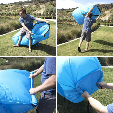 Setting up Inflatable Lounger Air Chair Lightweight Self Inflating Beach Chair With Carry Bag Ground Stakes And Storage Pockets Teal