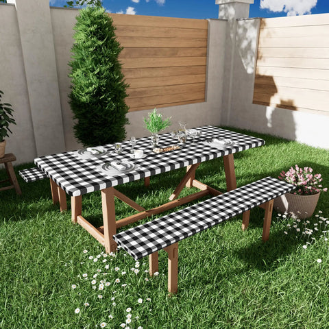 Buffalo Plaid Waterproof 3 Piece Picnic Table Cover Set With Bench Covers, Elastic Fitted Tablecloths For 72x30 Tables And 72x12 Benches displayed outside.