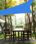 Blue Triangular Outdoor Shade Sail Heavy Duty HDPE 180GSM Air Permeable UV Block Canopy over patio table setup