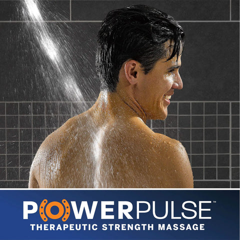 Man enjoying UltraThin Handheld Shower Head With PowerPulse Massage, five spray modes, large six inch rainfall head, spa-like shower