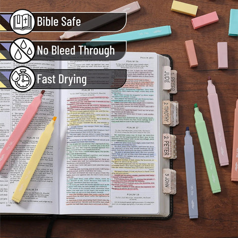 No Bleed Highlighter Set In 8 Pack Candy Colors With Chisel Tips displayed on an open book highlighting text.