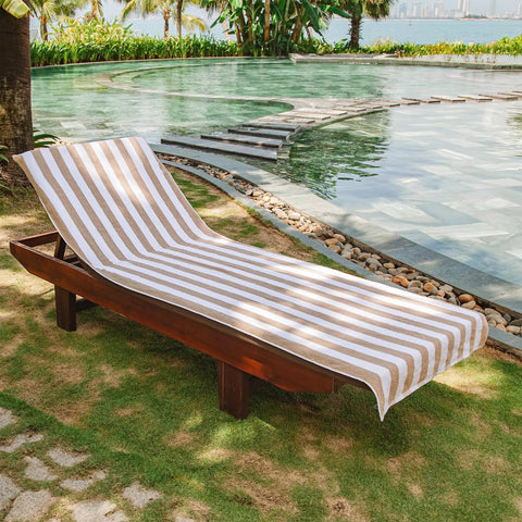 Two Pack California Style Chaise Lounge Cover Towels With Pockets Striped 100 Percent Cotton Cabana Covers For Beach Pool Outdoor Chairs 30 By 85 Inches Beige on chair by pool