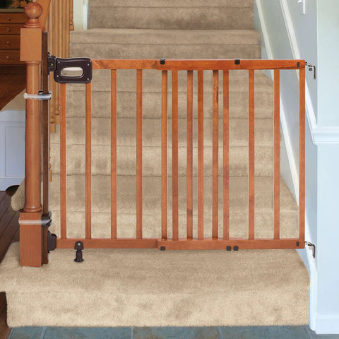 Banister To Banister Gate Mounting Kit For Round Or Square Banisters Up To 37 Inches Tall on staircase with wooden gate