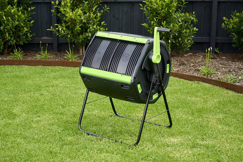 65 Gallon Dual Chamber Outdoor Compost Tumbler For Food Waste And Yard Waste Tough As Nails Heavy Duty Spill Proof Bin in garden