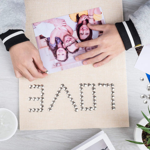 Real Solid Silver Flat Head Thumb Tacks And Push Pins With Slick Low Profile Design used to attach photo to board with LOVE letters.