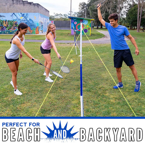 People playing with Portable Backyard Badminton Set With A 20 Foot Net And 4 Racquets For Adults And Kids Easy To Assemble Fun Outdoor Lawn Game