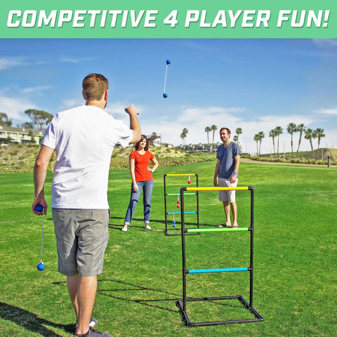 Group playing Ladder Toss Game Set With Two Durable Targets, Score Trackers, Six Soft Rubber Bolos And Travel Carrying Case
