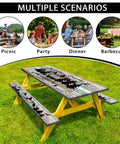 Outdoor Picnic Table Cover With Elastic Edges And Bench Covers, Waterproof Fitted Tablecloth In Teal Wood Texture, 72 By 30 Inches Rectangle, Ideal For RV Trips Camping Picnics And Travel on picnic table in outdoor setting