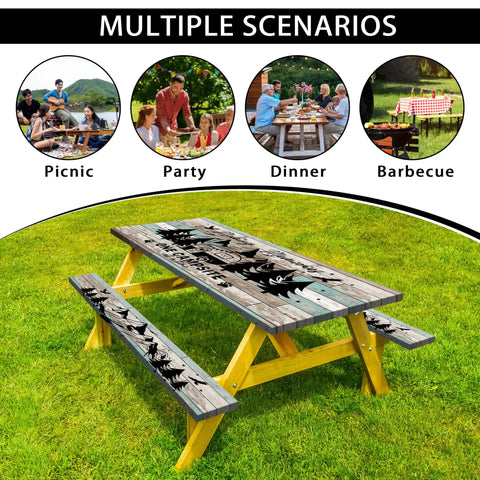 Outdoor Picnic Table Cover With Elastic Edges And Bench Covers, Waterproof Fitted Tablecloth In Teal Wood Texture, 72 By 30 Inches Rectangle, Ideal For RV Trips Camping Picnics And Travel on picnic table in outdoor setting