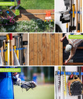 Collage showing 9 Slot Wall Mounted Garden Tool Rack With 6 Hooks In Blue Steel organizing various tools and sporting equipment.