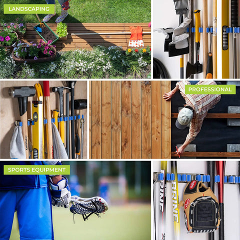 Collage showing 9 Slot Wall Mounted Garden Tool Rack With 6 Hooks In Blue Steel organizing various tools and sporting equipment.