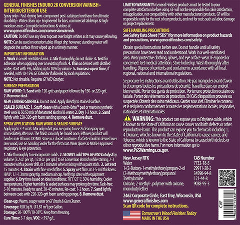 Enduro Conversion Varnish 1 Gallon Flat Finish For Smooth Durable Wood Cabinets And Furniture label with instructions