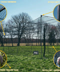 40 Ft Baseball Softball Batting Cage with Black Steel Frame and 60 Ply Net, with detailed view of stakes and net attachment.