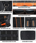 16 Inch Heavy Duty Tool Bag With 34 Pockets Open Top Organizer for HVAC and Electricians showing reinforced pockets and zippers.