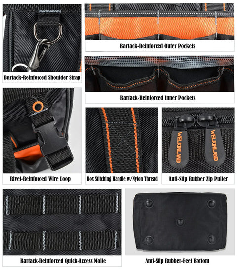 16 Inch Heavy Duty Tool Bag With 34 Pockets Open Top Organizer for HVAC and Electricians showing reinforced pockets and zippers.