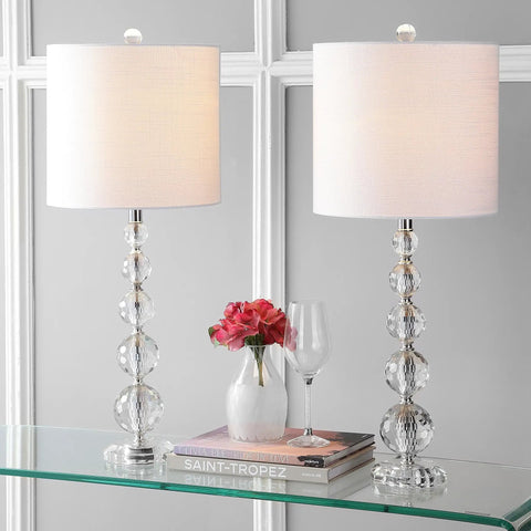 Clear Crystal Faceted Orb Table Lamps Set of 2, Dope Modern Glam Chrome Bedside Lamps With White Linen Drum Shades, UL Listed, LED Bulbs Included